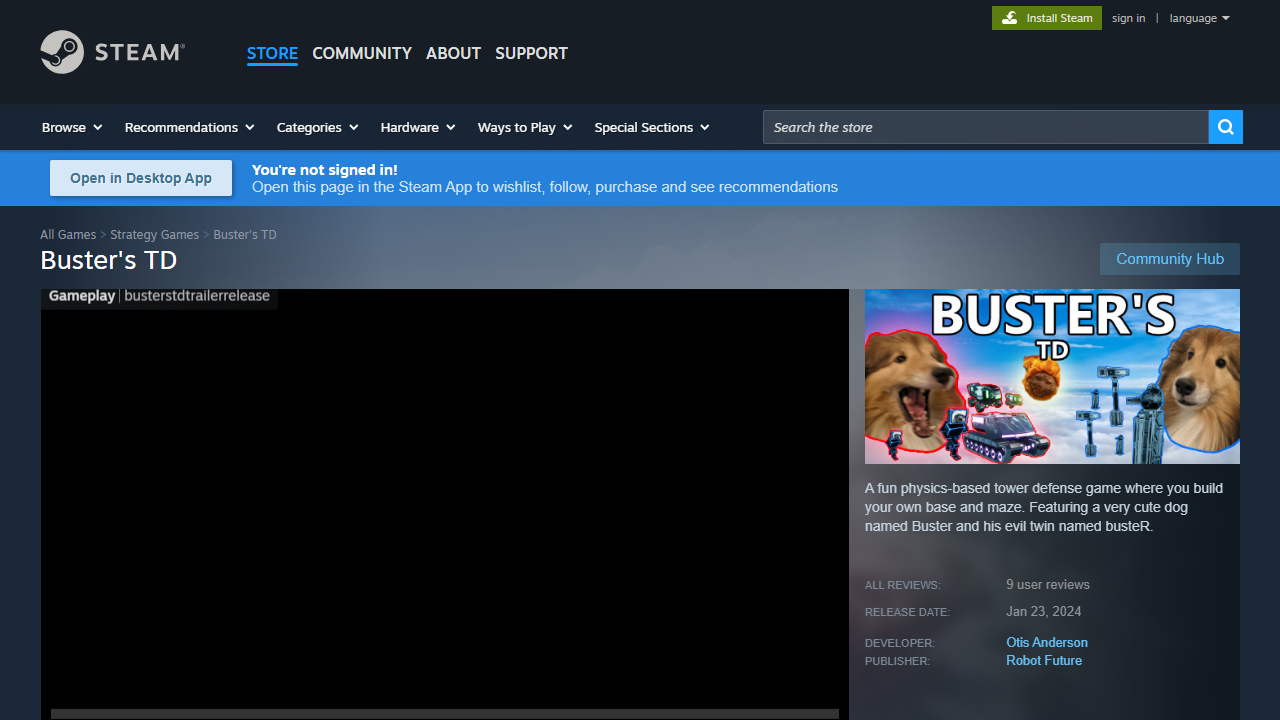 A screenshot of the Buster's TD Steam page.